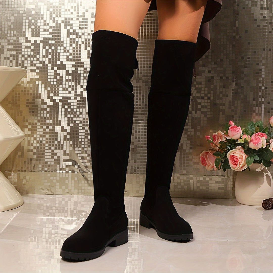 Damen Overknee Stiefel mit Plateausohle und Blockabsatz | Hohe Schlupfstiefel über dem Knie mit runder Spitze für den Winter