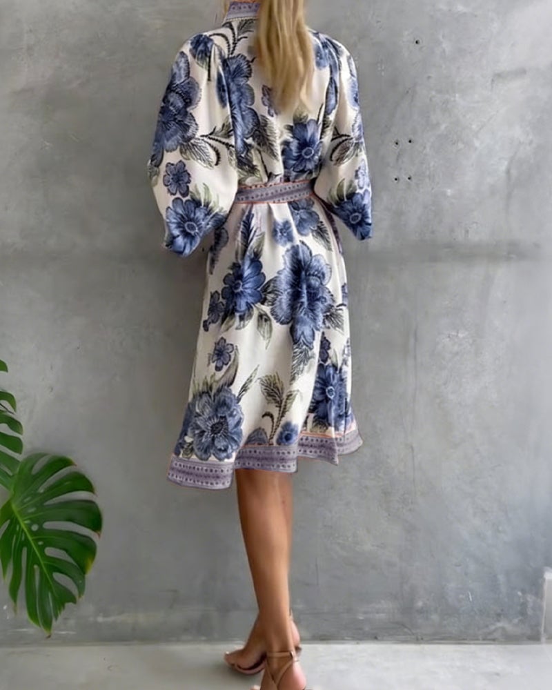 Damen A-Linien-Kleid mit Print | Knielanges Kleid mit Reverskragen und Laternenärmeln