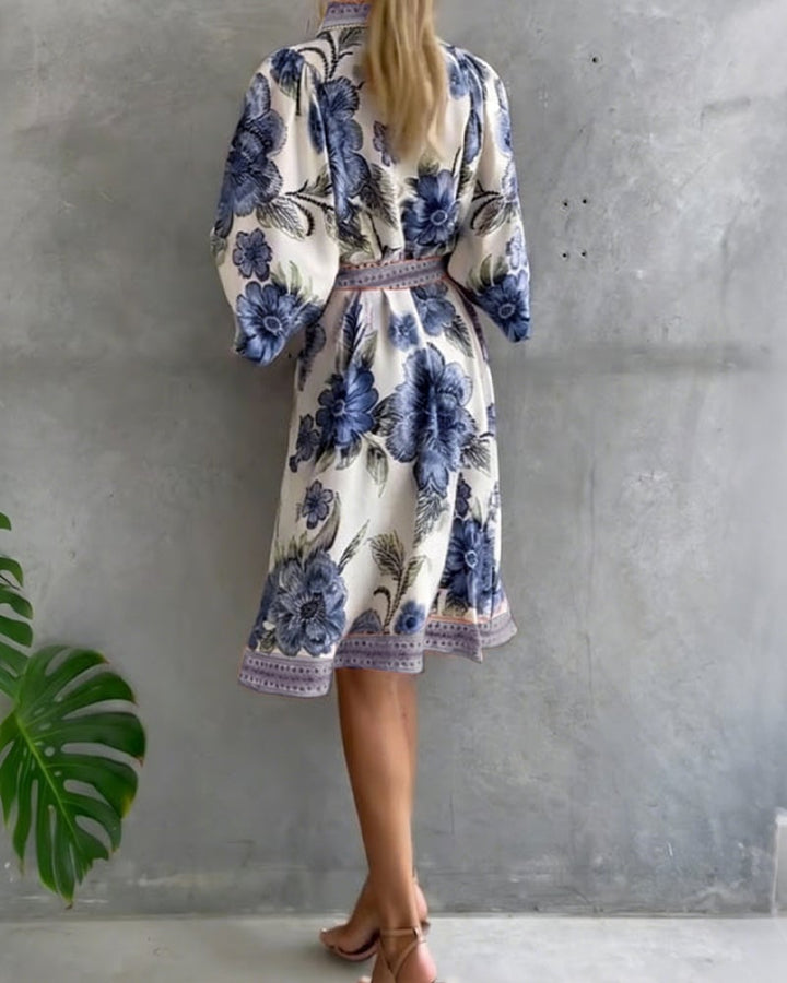Damen A-Linien-Kleid mit Print | Knielanges Kleid mit Reverskragen und Laternenärmeln