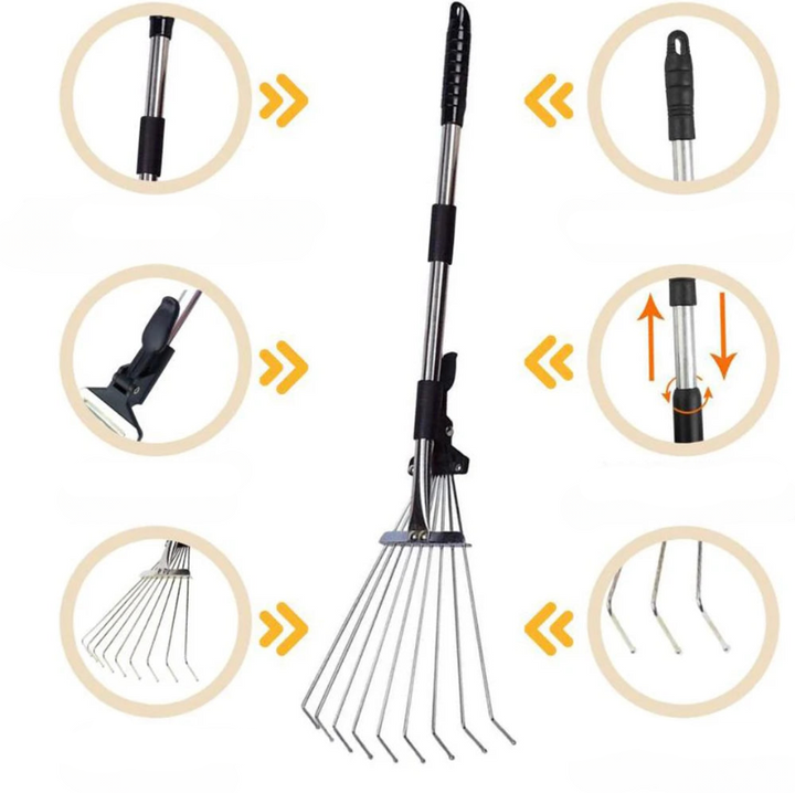 Rastrello da giardino | manico estensibile | raccoglitore di foglie compatto | rastrello per sentieri