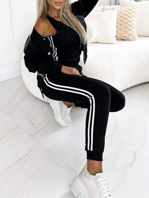 Women’s 3-piece set with baseball jacket, racerback top &amp; jogging pants | Warming &amp; breathable | Side stripe look | S–5XL