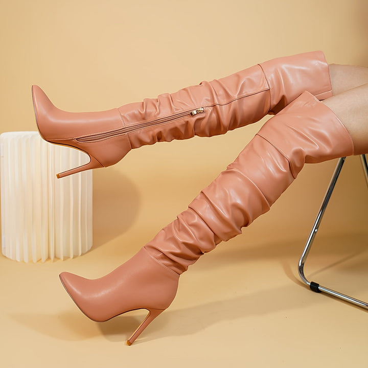 Damen Overknee Stiefel mit spitzer Zehenform und hohem Absatz | Hohe Stiefel mit seitlichem Reißverschluss für Freizeit und Events