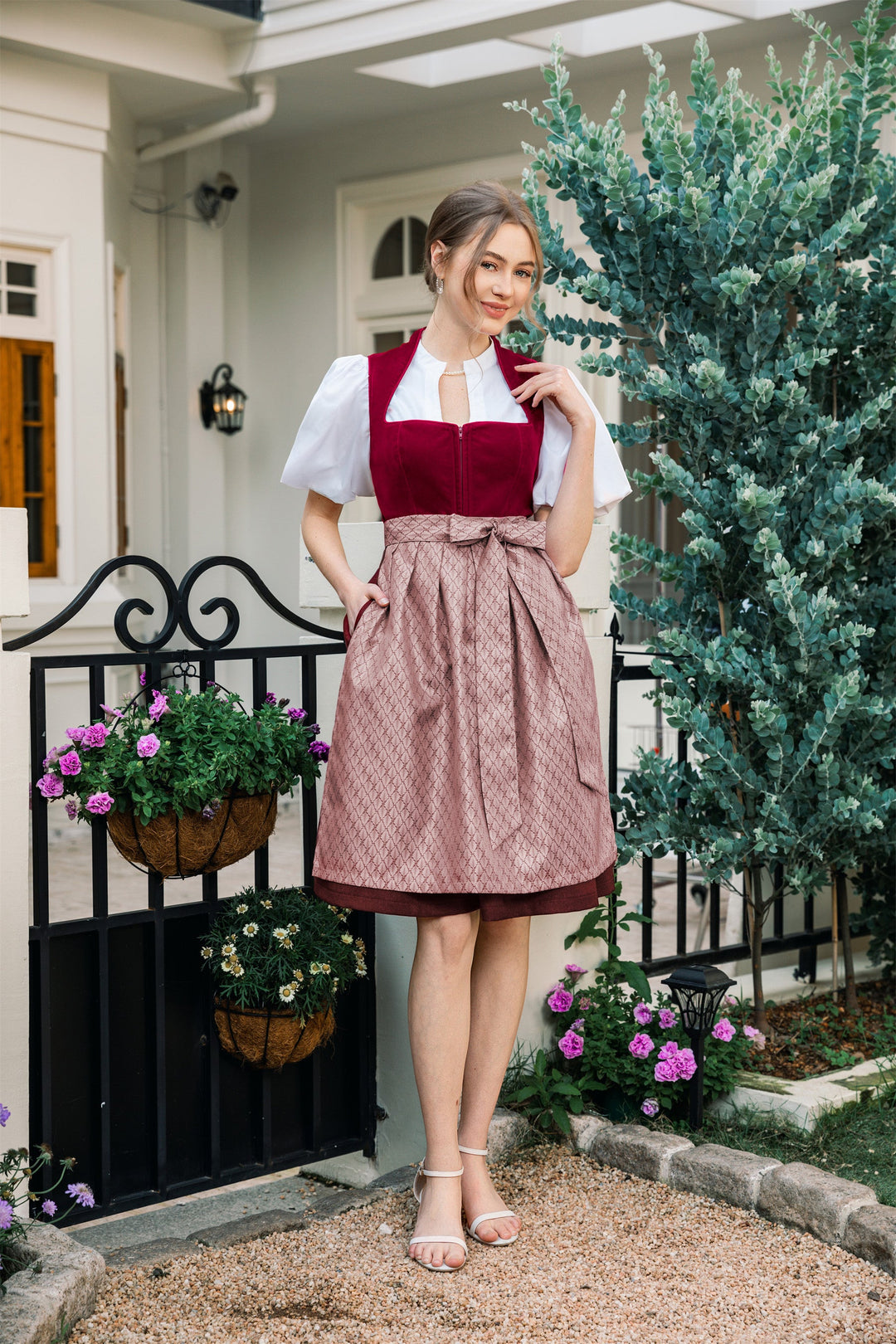 Dirndl Midi Damen | Rotes Samtdirndl mit Plissee-Schürze für Oktoberfest, Volksfest und festliche Anlässe
