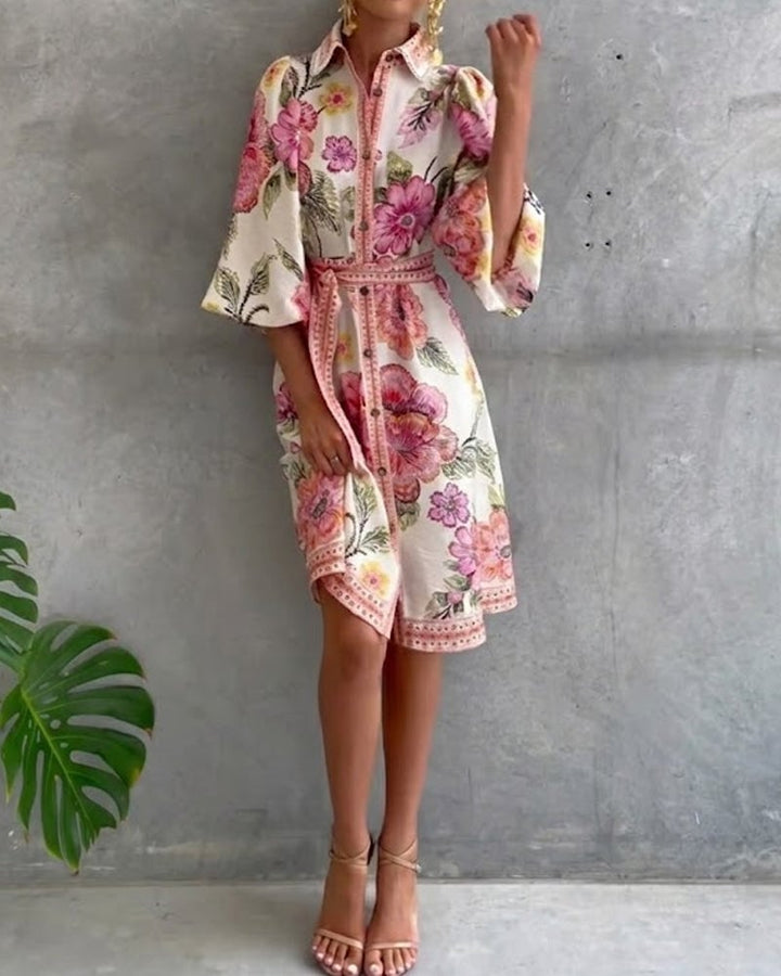 Damen A-Linien-Kleid mit Print | Knielanges Kleid mit Reverskragen und Laternenärmeln