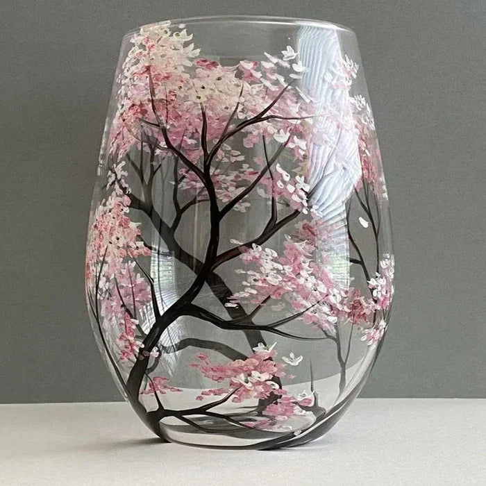 Handbemalte Weingläser mit Jahreszeiten-Baum | Künstlerisches Glasdesign | Elegantes Geschenk für Weinliebhaber