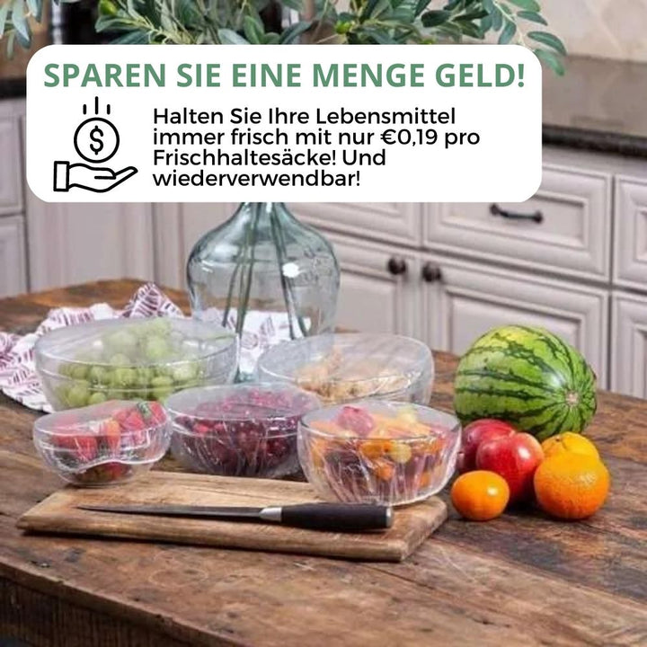 Frischhaltebeutel Set 100 Stück | Dehnbar bis 40 cm, BPA-frei | Wiederverwendbar &amp; reißfest | Für Schüsseln, Teller, Reste
