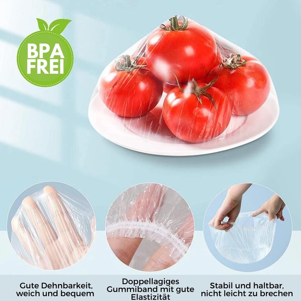 Frischhaltebeutel Set 100 Stück | Dehnbar bis 40 cm, BPA-frei | Wiederverwendbar &amp; reißfest | Für Schüsseln, Teller, Reste
