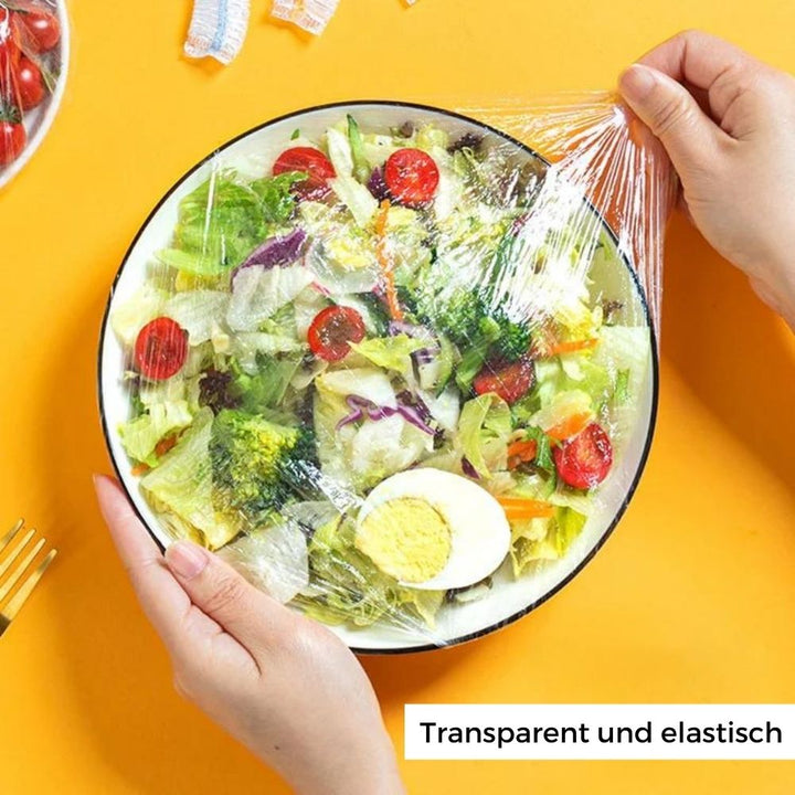 Frischhaltebeutel Set 100 Stück | Dehnbar bis 40 cm, BPA-frei | Wiederverwendbar &amp; reißfest | Für Schüsseln, Teller, Reste