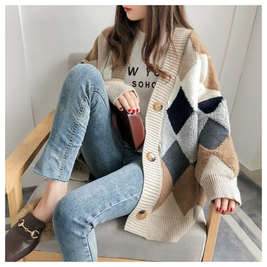 Damen Cardigan mit Karomuster und V-Ausschnitt | Oversized Strickjacke mit Knopfleiste, Ballonärmeln und lockerer Passform