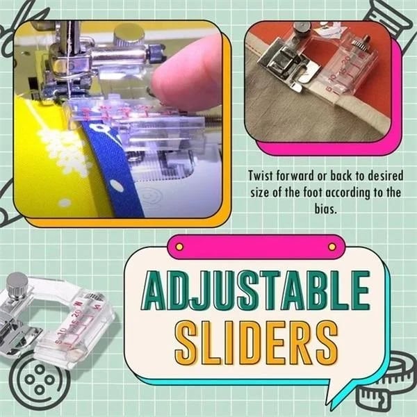 Adjustable bias foot for sewing machines | Adjustable 5–20 mm | Transparent scale guide, snap-on, set of 2
