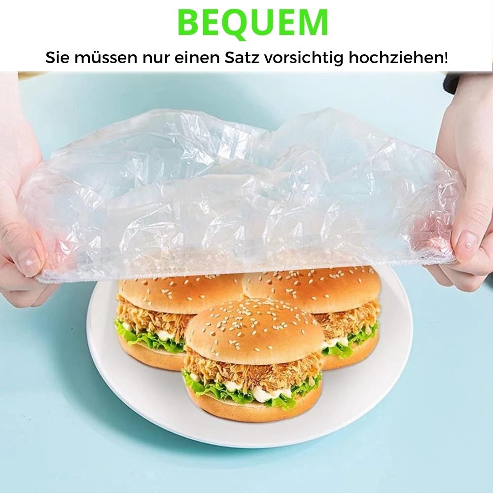 Frischhaltebeutel Set 100 Stück | Dehnbar bis 40 cm, BPA-frei | Wiederverwendbar &amp; reißfest | Für Schüsseln, Teller, Reste