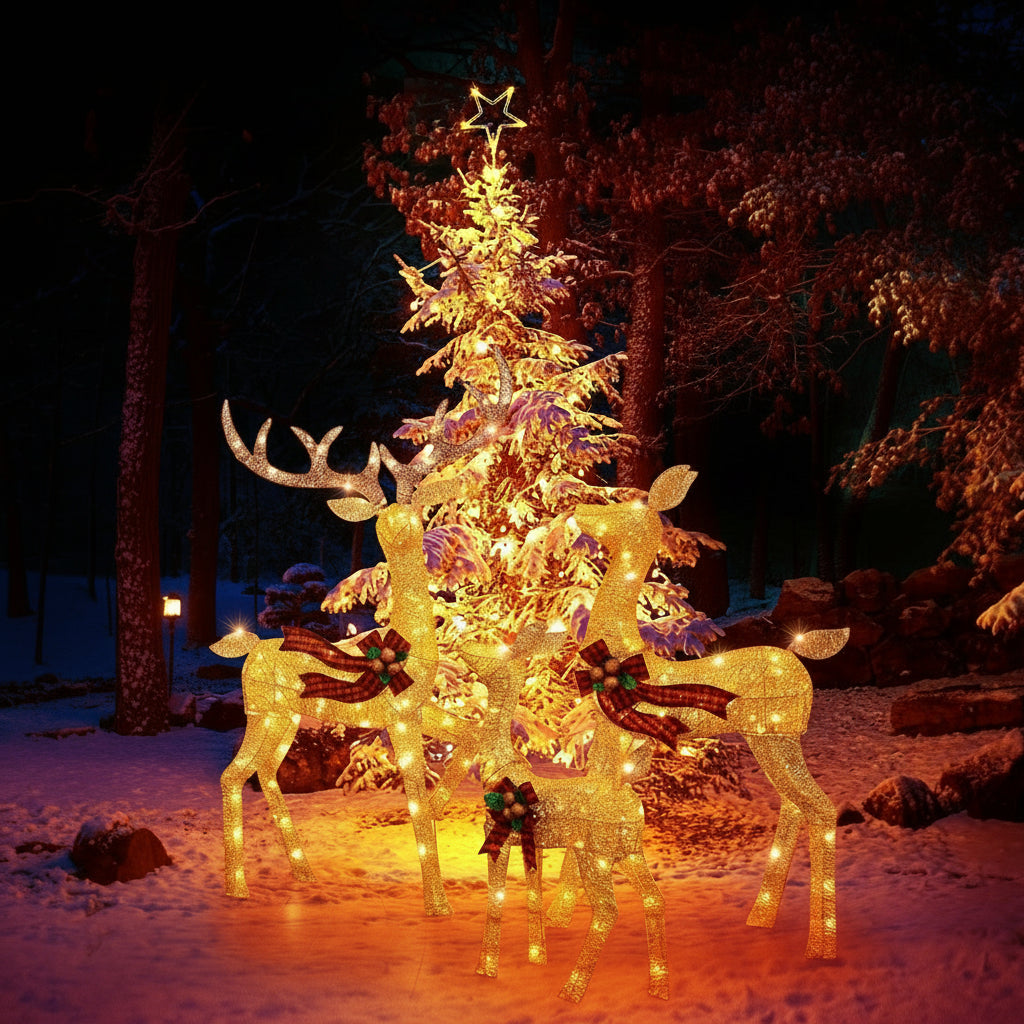 LED Rentierfamilie Weihnachten 3-teilig für außen | Beleuchtete Rentierfiguren mit warmweißen LEDs und Metallrahmen