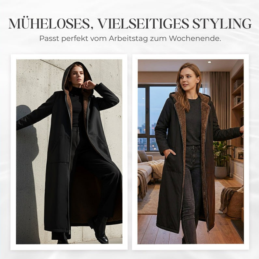Winter Parka | Langer gefütterter Mantel mit Kapuze, Reißverschluss und verlängertem Saum für kalte Tage