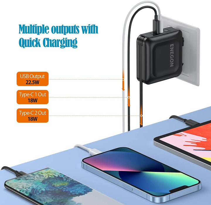 Powerbank 15000 mAh mit Schnellladefunktion | Tragbares Ladegerät mit AC-Stecker, USB-C, USB-A &amp; LED-Anzeige