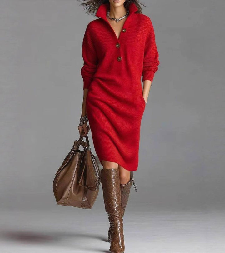 Damen Strickkleid mit V-Ausschnitt | Knielanges Kleid mit Knopfleiste und weicher Strickstruktur | Für Herbst und Winter