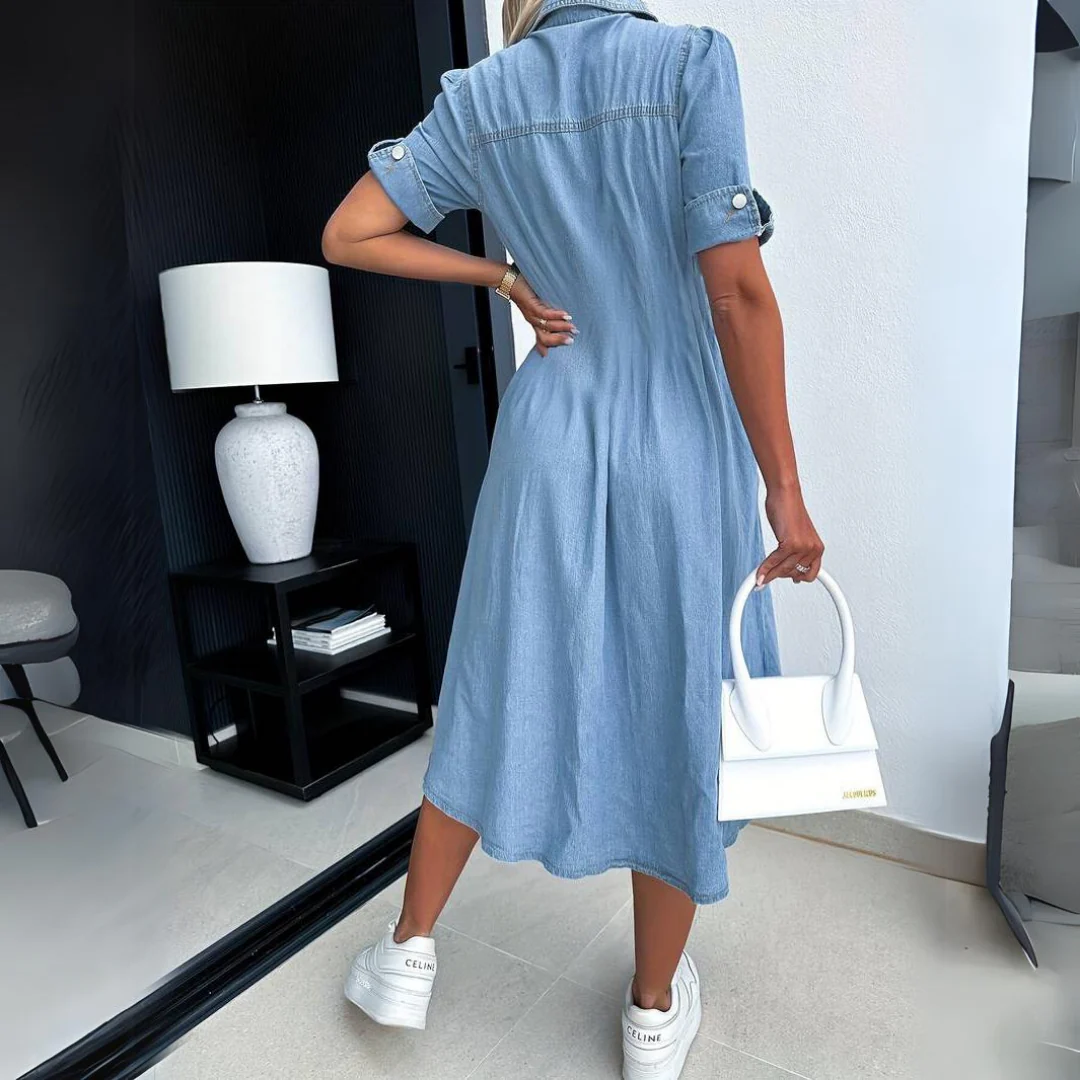 Abito midi in jeans da donna | chiusura con bottoni frontali | tessuto morbido con comfort traspirante