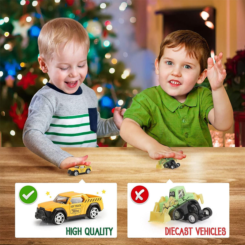 Baustellen Adventskalender für Kinder mit Baufahrzeugen | Weihnachtskalender mit Kran, Verkehrsschildern und Spielbrett aus Kunststoff