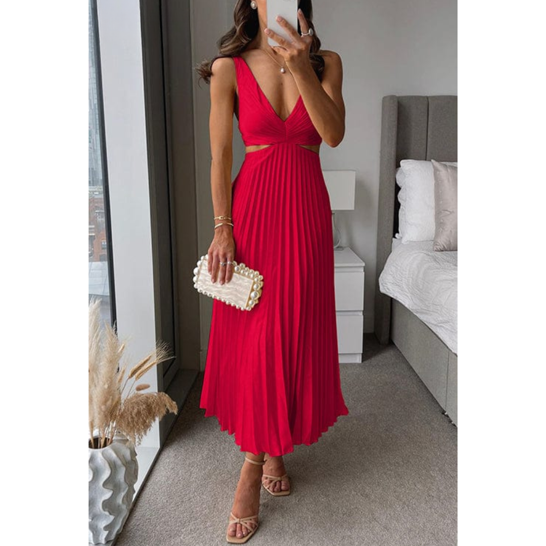 Pleated Midi Dress with V-neck &amp; Waist Cutouts | Sleeveless, Regular Fit | Elegant Dress for Events &amp; Evenings