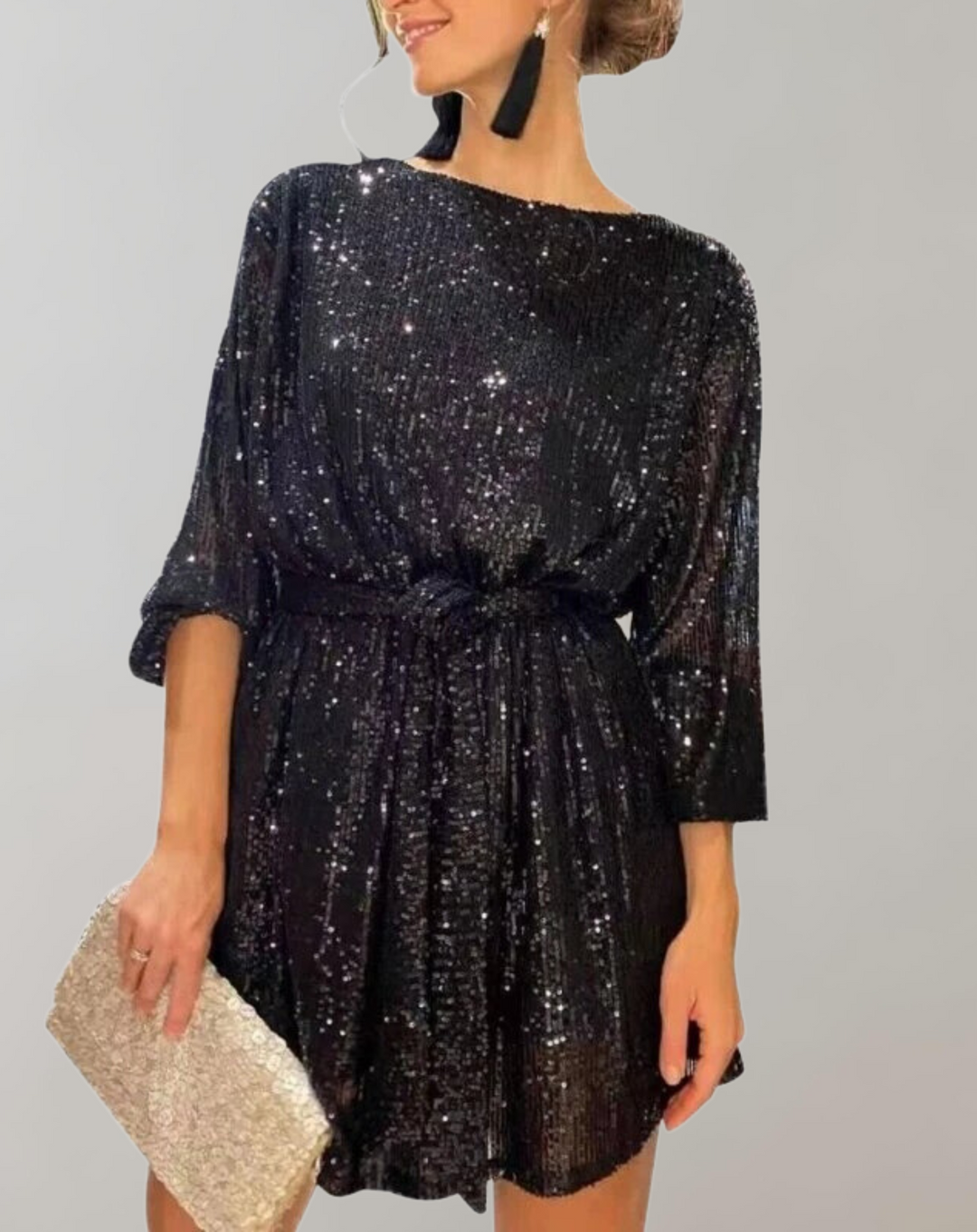 Damen Paillettenkleid | Glitzerndes Abendkleid mit Puffärmeln, Taillengürtel und figurbetontem Schnitt für festliche Feiern