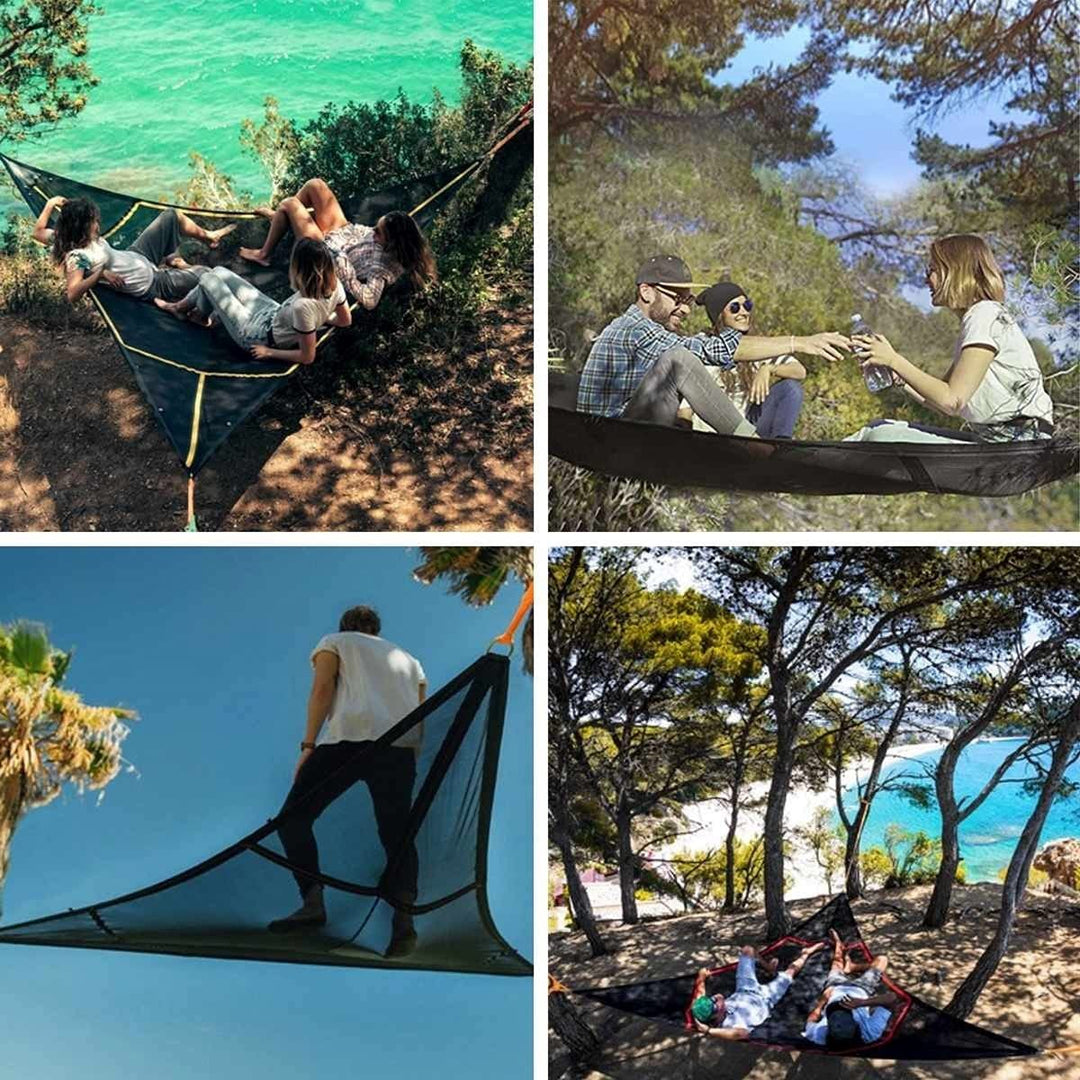 3-Punkt Camping Hängematte Dreieck | Bis 500 kg Tragkraft | Schwebend ohne ebenen Boden, Stauraumfächer für Outdoor &amp; Garten