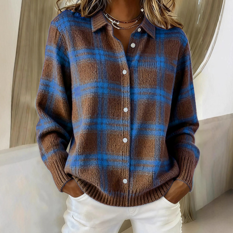 Damen Cardigan | Karomuster mit Knopfleiste &amp; Hemdkragen für Herbst und Winter