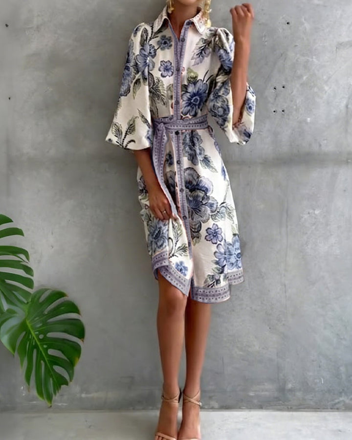 Damen A-Linien-Kleid mit Print | Knielanges Kleid mit Reverskragen und Laternenärmeln