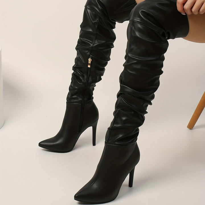 Damen Overknee Stiefel mit spitzer Zehenform und hohem Absatz | Hohe Stiefel mit seitlichem Reißverschluss für Freizeit und Events