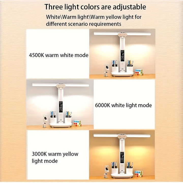 LED Schreibtischlampe dimmbar mit 2 verstellbaren Köpfen | Tischleuchte mit Touch-Bedienung, Digitalanzeige und USB-Anschluss