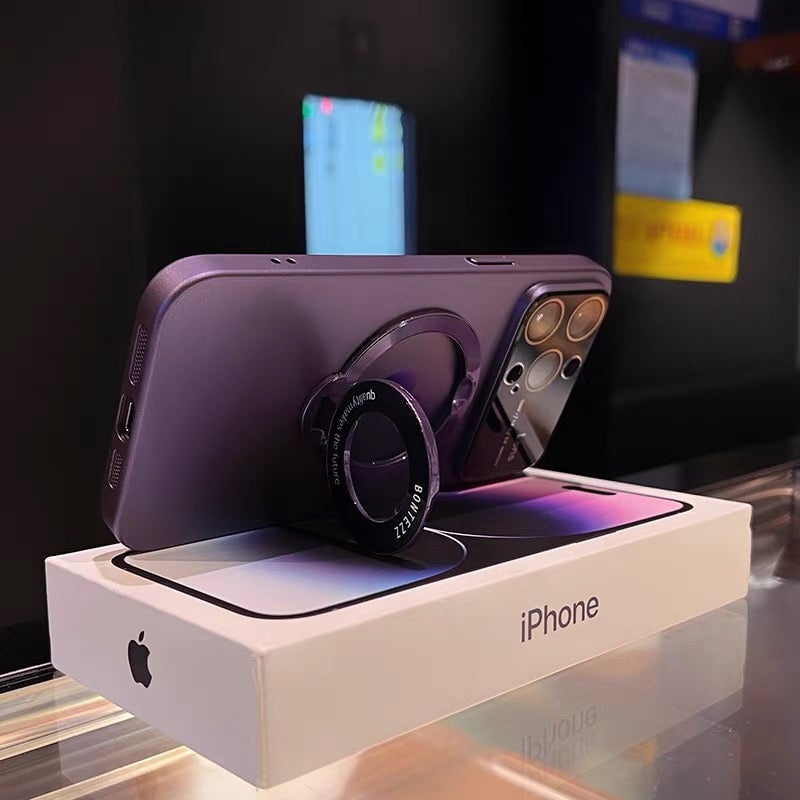 Custodia magnetica per iPhone | Compatibile con ricarica wireless | Supporto integrato, protezione per lente della fotocamera | Anti-impronte, PC trasparente