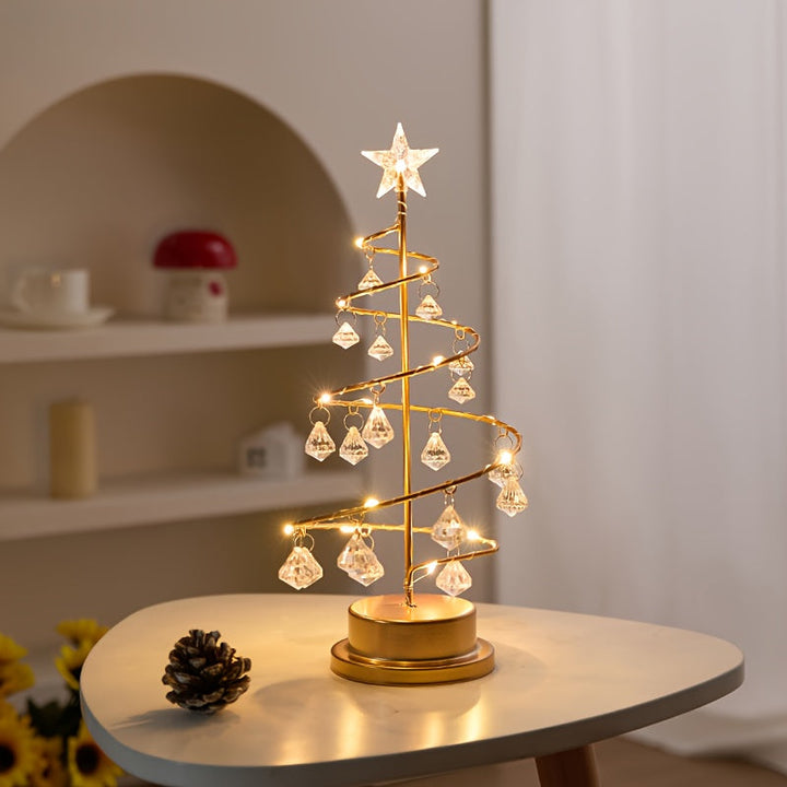 Beleuchteter Weihnachtsbaum mit Kristallanhängern | Warmweißer Deko-Baum aus Metall in Spiralform für Tisch und Regal