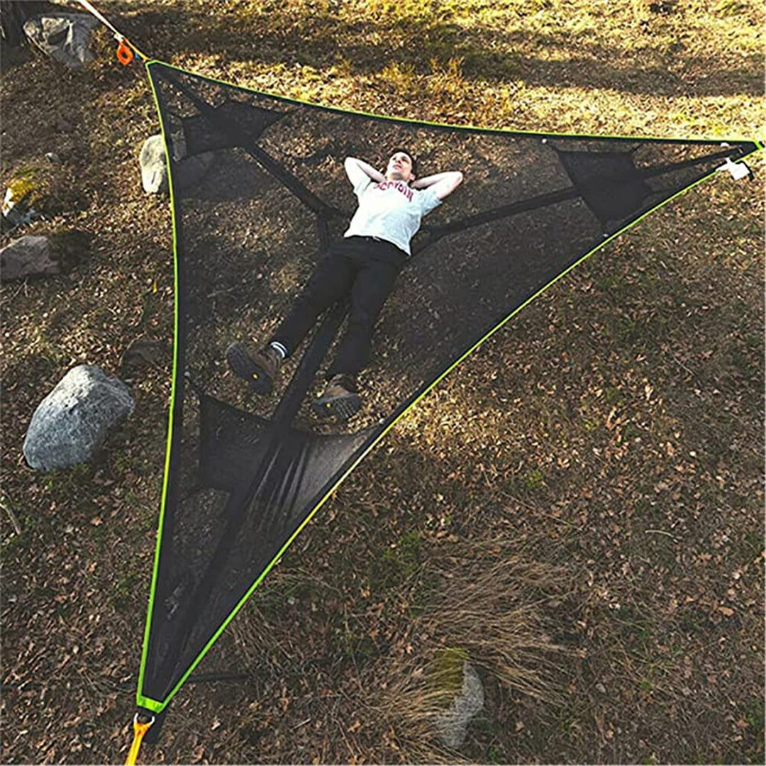 3-Punkt Camping Hängematte Dreieck | Bis 500 kg Tragkraft | Schwebend ohne ebenen Boden, Stauraumfächer für Outdoor &amp; Garten