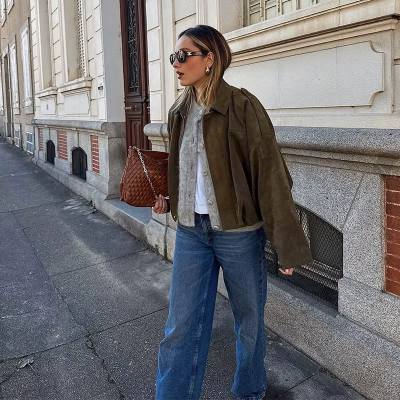 Giacca oversize da donna | effetto morbido scamosciato | completamente foderata | kaki