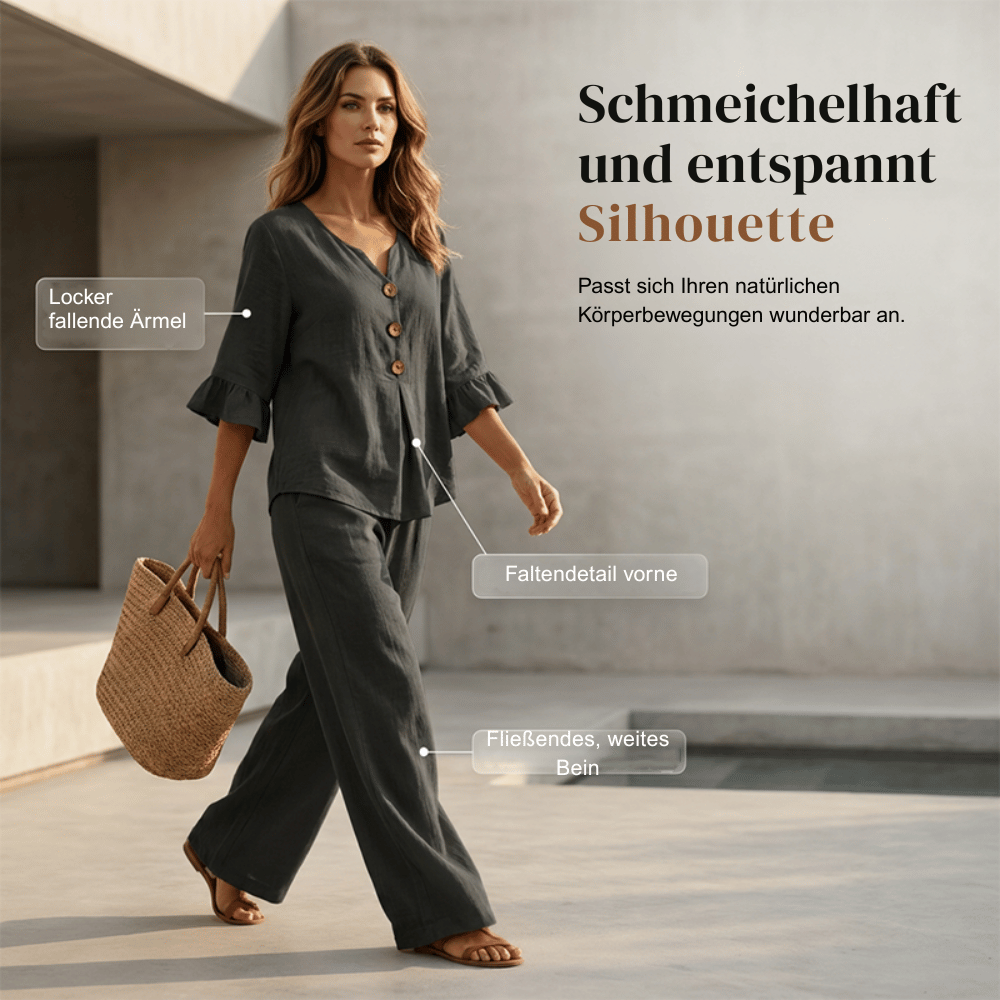 Damen Loungeset aus Baumwollmischung | Zweiteiliges Set mit Rüschenärmeln &amp; weiter Hose | Bequemes Freizeit-Outfit