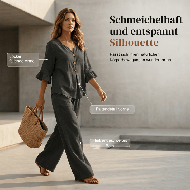 Damen Loungeset aus Baumwollmischung | Zweiteiliges Set mit Rüschenärmeln &amp; weiter Hose | Bequemes Freizeit-Outfit