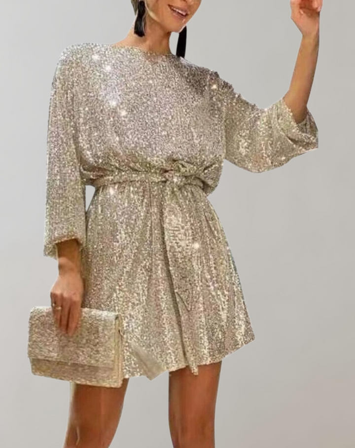 Damen Paillettenkleid | Glitzerndes Abendkleid mit Puffärmeln, Taillengürtel und figurbetontem Schnitt für festliche Feiern