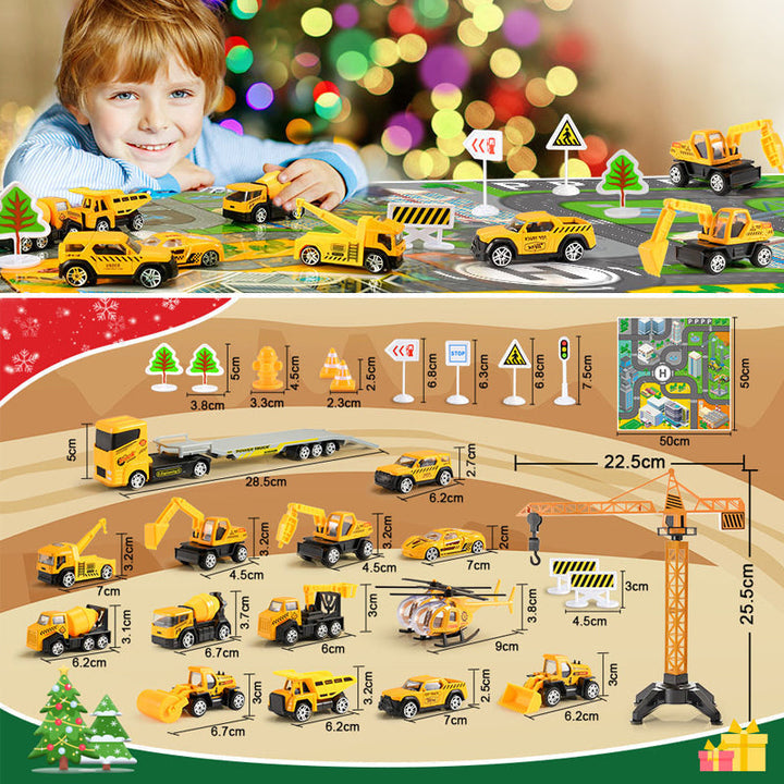 Baustellen Adventskalender für Kinder mit Baufahrzeugen | Weihnachtskalender mit Kran, Verkehrsschildern und Spielbrett aus Kunststoff