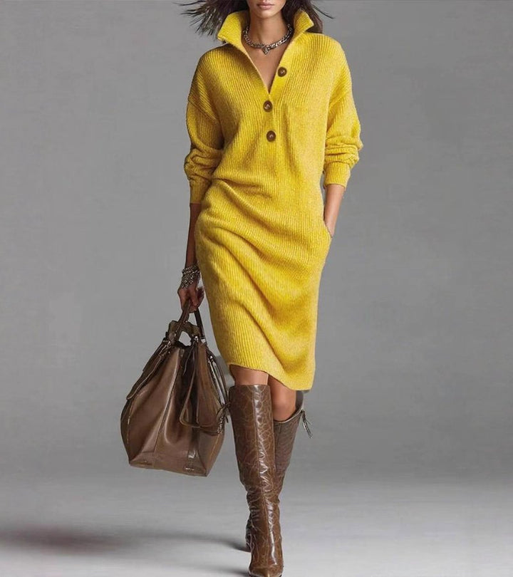 Damen Strickkleid mit V-Ausschnitt | Knielanges Kleid mit Knopfleiste und weicher Strickstruktur | Für Herbst und Winter