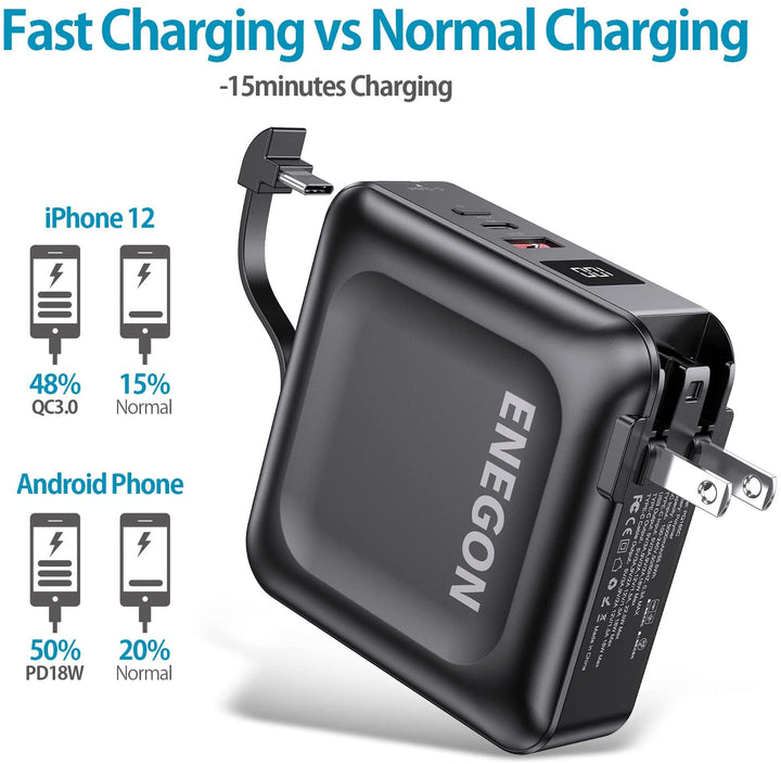 Powerbank 15000 mAh mit Schnellladefunktion | Tragbares Ladegerät mit AC-Stecker, USB-C, USB-A &amp; LED-Anzeige