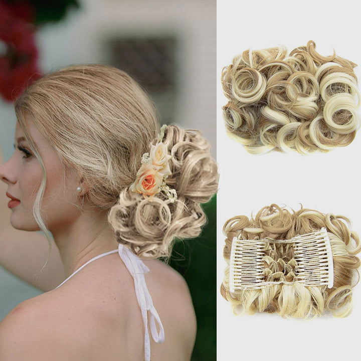Lockiges Dutt-Haarteil 2er-Set | Voluminöser Messy Bun mit elastischem Haargummi für schnelle Hochsteckfrisuren
