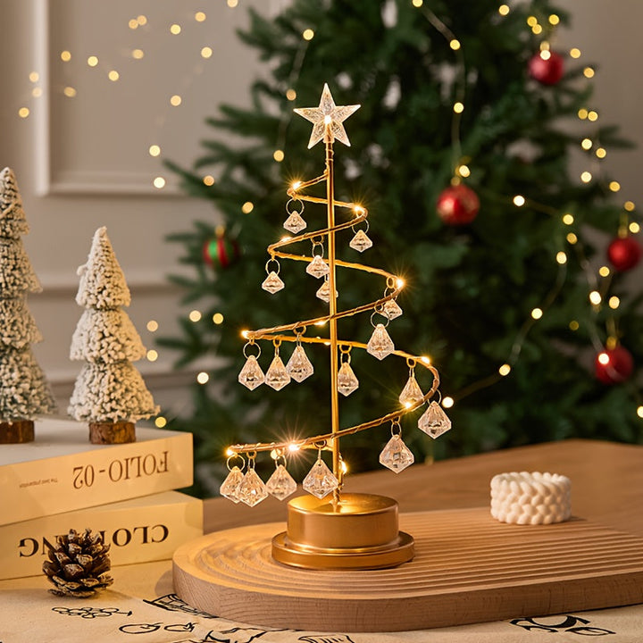 Beleuchteter Weihnachtsbaum mit Kristallanhängern | Warmweißer Deko-Baum aus Metall in Spiralform für Tisch und Regal