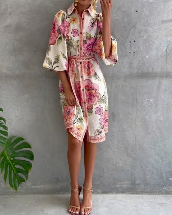 Damen A-Linien-Kleid mit Print | Knielanges Kleid mit Reverskragen und Laternenärmeln
