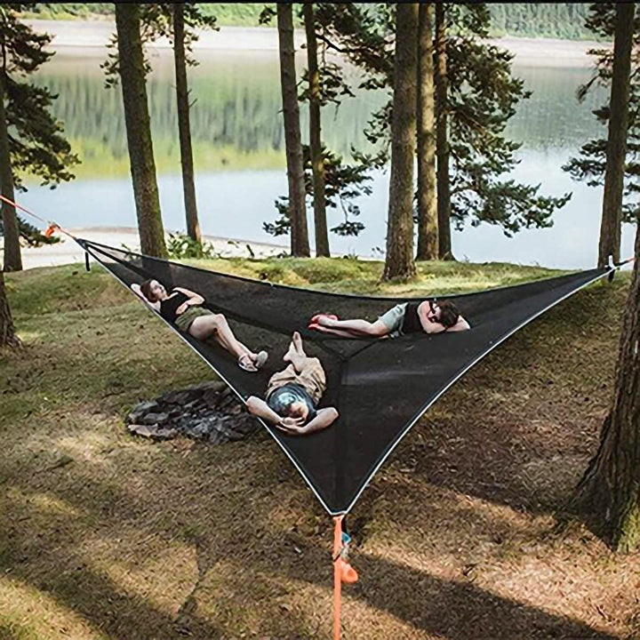 3-Punkt Camping Hängematte Dreieck | Bis 500 kg Tragkraft | Schwebend ohne ebenen Boden, Stauraumfächer für Outdoor &amp; Garten
