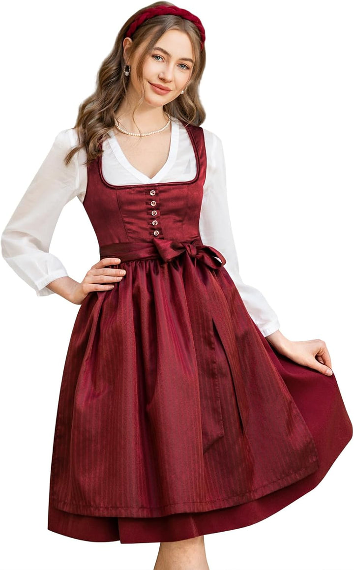 Dirndl Midi Damen | Trachtenkleid mit Plissee-Schürze für Oktoberfest, Volksfest und festliche Anlässe