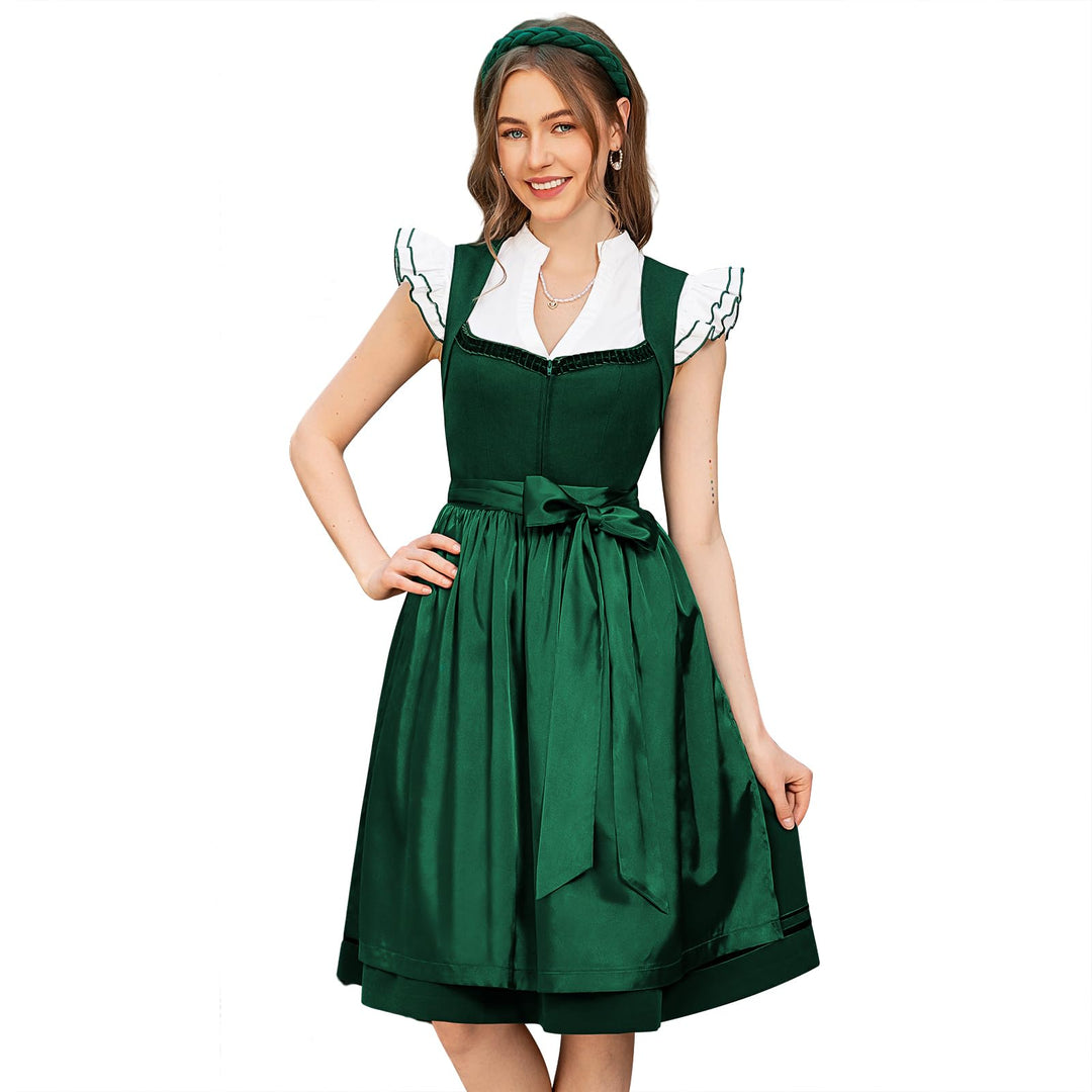 Dirndl Midi Damen | Leinen-Dirndl mit Trachtenrock und Schürze für Oktoberfest und Volksfest