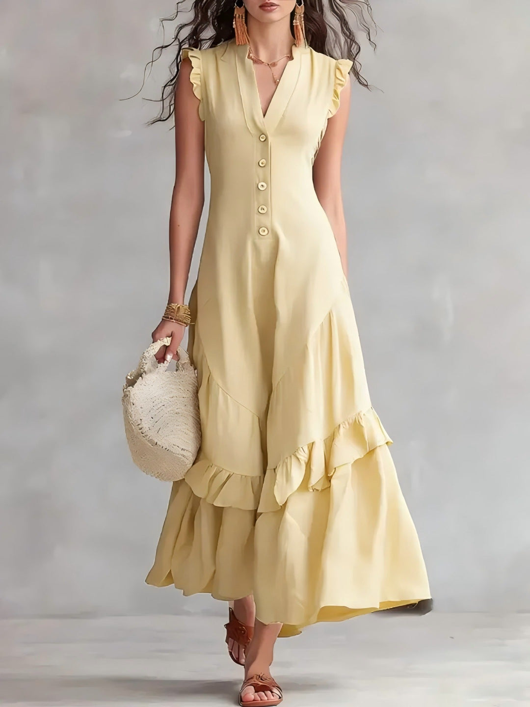 Damen Maxikleid mit Plissee | Ärmelloses Sommerkleid mit ausgestelltem Saum
