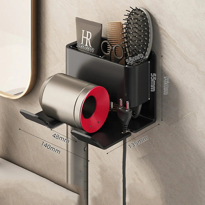 Organizer per cura capelli da parete per bagno | supporto phon e porta spazzole | alluminio e plastica | salvaspazio