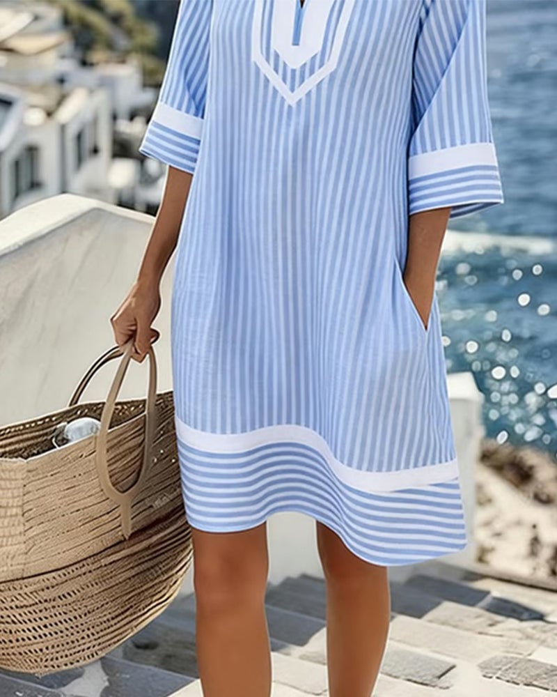 Damen Sommerkleid mit Streifen | Luftiges Shift-Kleid mit V-Ausschnitt, Seitentaschen &amp; lockerem Schnitt für Alltag &amp; Urlaub