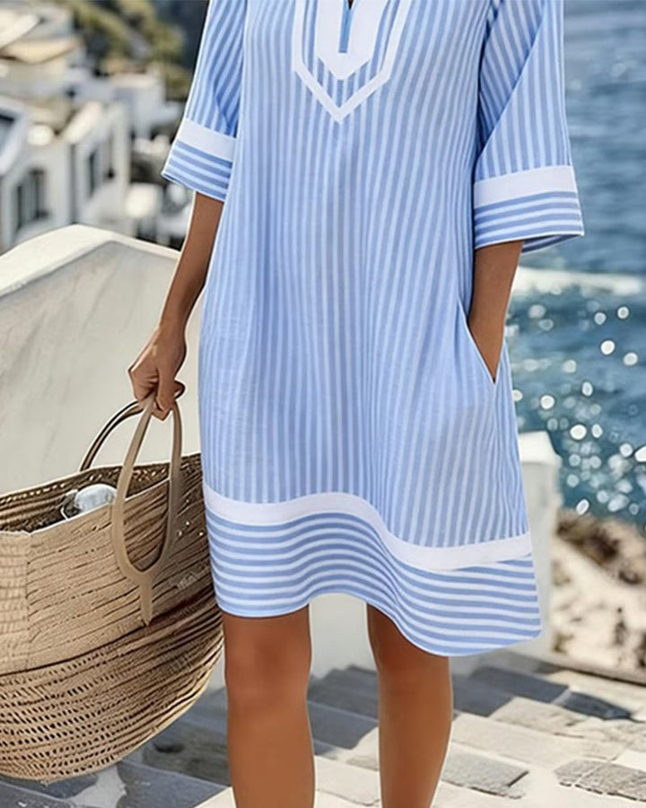 Damen Sommerkleid mit Streifen | Luftiges Shift-Kleid mit V-Ausschnitt, Seitentaschen &amp; lockerem Schnitt für Alltag &amp; Urlaub