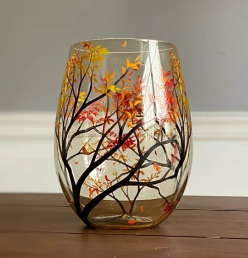 Handbemalte Weingläser mit Jahreszeiten-Baum | Künstlerisches Glasdesign | Elegantes Geschenk für Weinliebhaber