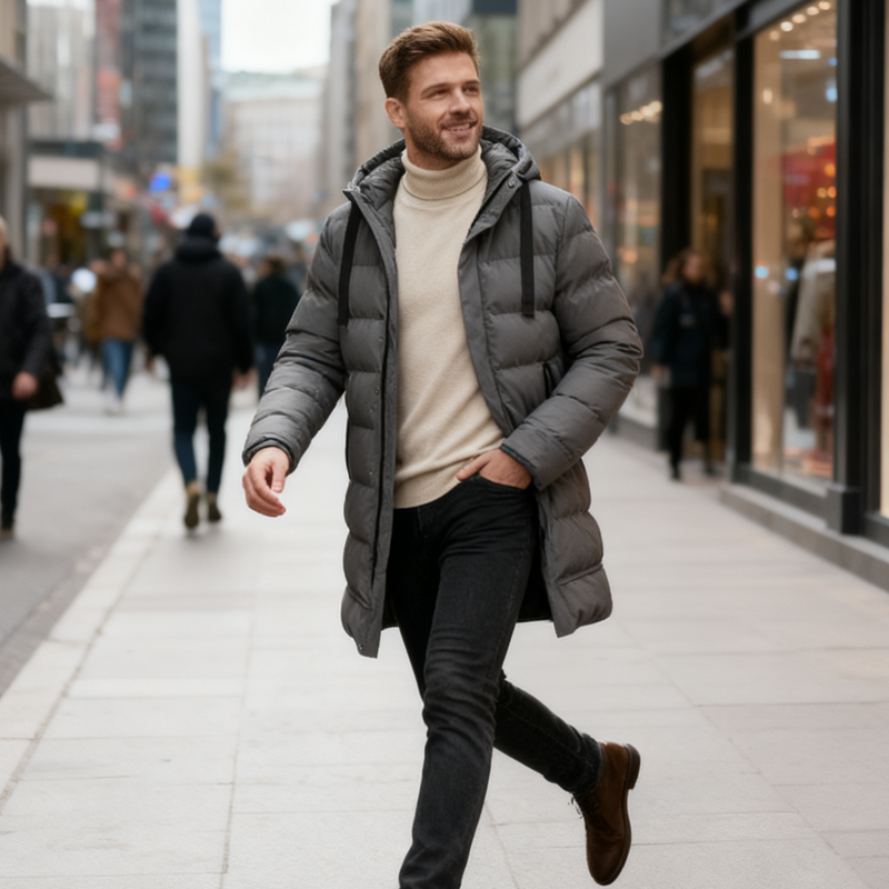 Winter Steppjacke Herren | Winddicht mit Kapuze &amp; verlängerter Passform für kalte Tage